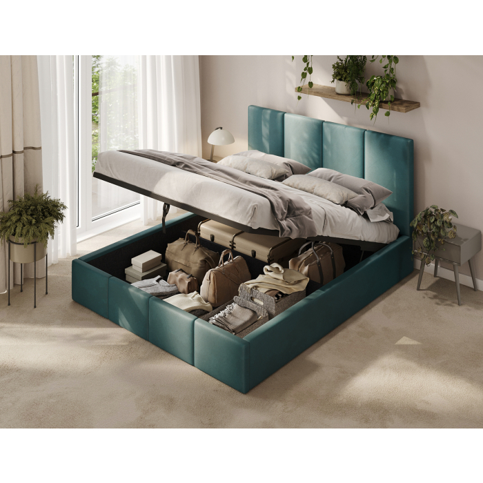 Türkisfarbenes Polsterbett im Schlafzimmer